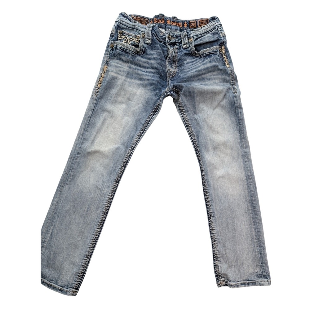 Rock Revival Rayan Straight Leg Jeans Light Wash Blue Denim Mens 32 Fleur-De-Lis